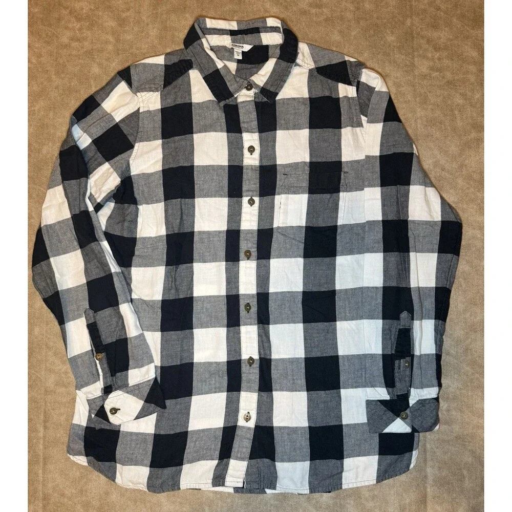 Sonoma Womens Black Plaid Shirt Plaid Long Sleeve Collared Size MEDIUM